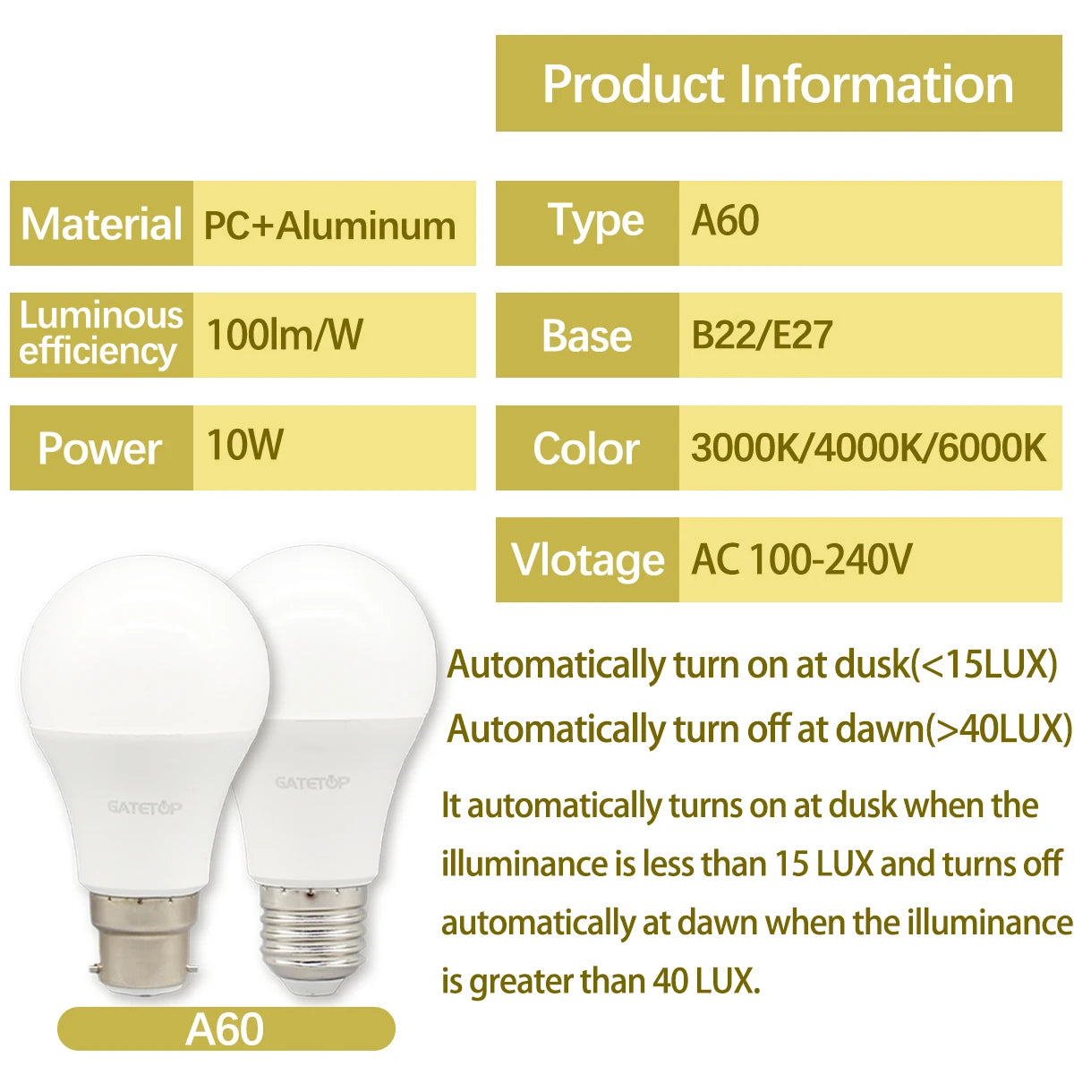 LED BULB LIGHT SENSOR CONTROL DUSK TO DAWN AIDREAMS